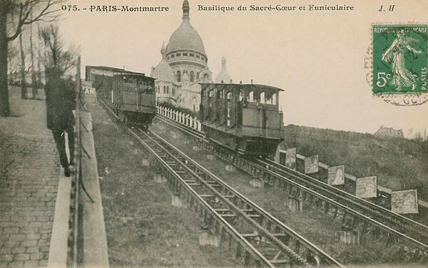 Funicular railway up Montmartre to the Sacre-Coeur in Paris. Postcard sent in 1913