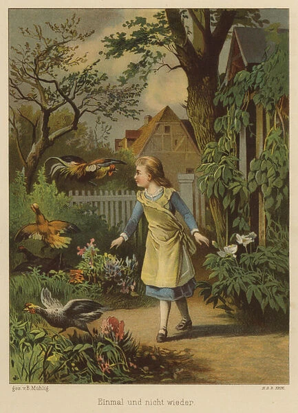 Girl startling chickens in a garden (colour litho)