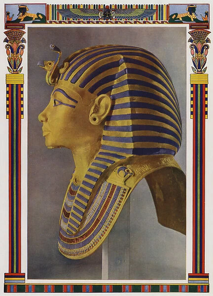 Gold portrait mask from the mummy of Tutankhamun, discovered in the Pharaohs tomb by Howard Carter in 1922 (colour litho)
