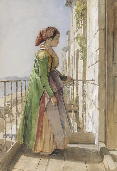 A Greek Girl Standing on a Balcony, c. 1840 (w  /  c and gouache over graphite on paper)