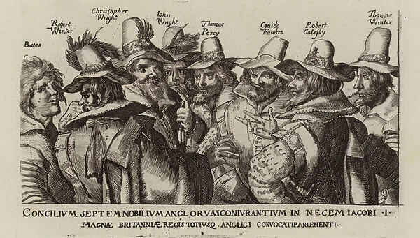 Guy Fawkes and his fellow conspirators in the Gunpowder Plot, 1605 (engraving)