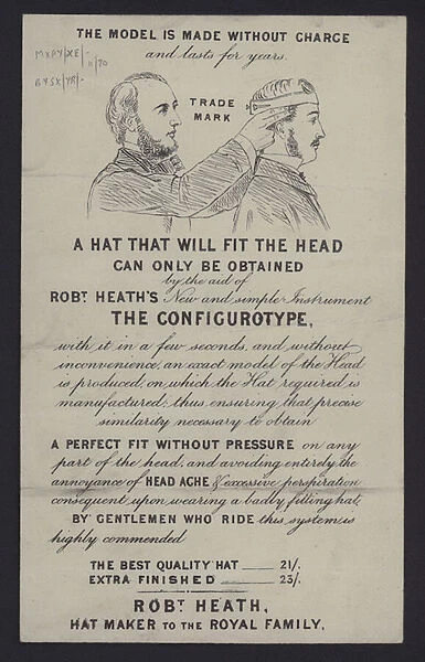 Hat fitting using a configurotype, advertisement for Robert Heath, hat maker to the British Royal Family (litho)