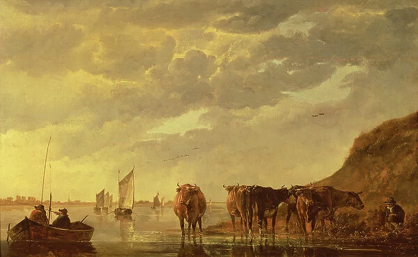 A herdsman with five cows by a river, c. 1650 (panel)