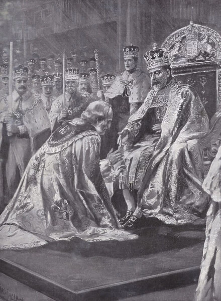 Homage of the Archbishop of Canterbury at the coronation of King Edward VII, Westminster Abbey, London, 1902 (litho)