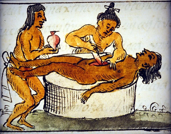 Human sacrifice: ritual sacrifice among the Aztecs. From a manuscript by Bernardino de
