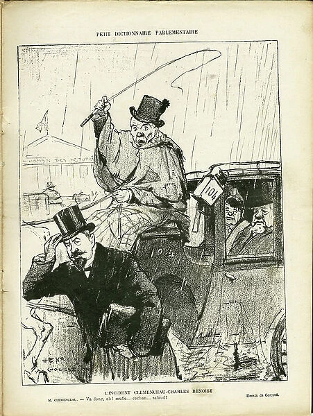Illustration of Henri Gousse (1872-1914) in Le Rire, 23 / 11 / 07 - Small parliamentary dictionary - Times / Seasons, President of the Republic, Chapeau, Transport, Caleche Fiacre Cab - Clemenceau George, Marianne, Fallieres Armand (1841-1931)