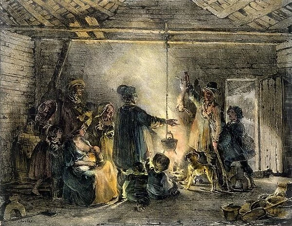 Interior of a Coal-Miners Hut, engraved by Godefroy Engelmann (1788-1839) 1829
