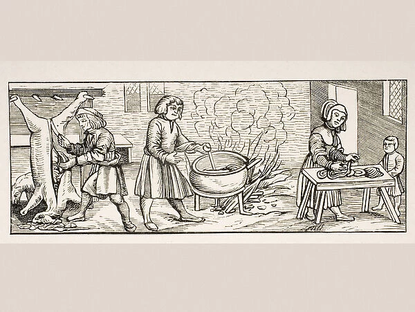 Interior of a Kitchen, after a woodcut in Calendarium Romanum by Jean Staeffler