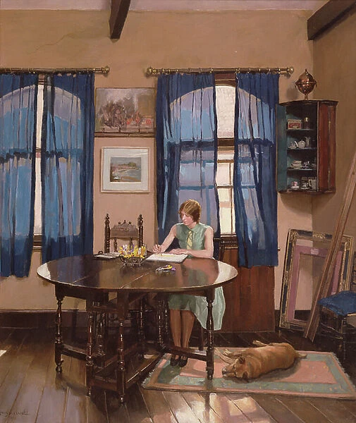 Interior with a woman artist painting at a gate leg table, 1901 (oil on canvas)