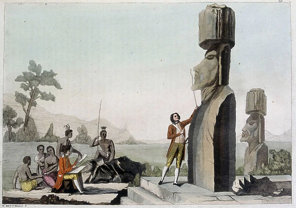 Jean-Francois Galaup, Count of La Perouse (Jean Francois Laperouse, 1741-1788) in front of the statues of Easter Island (Rapa Nui) - in 'Le costume ancien et moderne'by Ferrario, ed. Milan, 1819-20