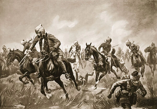 Jemadar Ram-Karan leading his troop under heavy rifle fire against the enemy who were