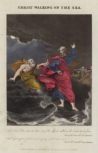 Jesus Christ walking on the Sea of Galilee (coloured engraving)