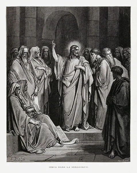 Jesus at the Synagogue (Temple), Illustration from the Dore Bible, 1866 I