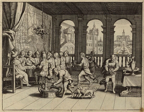 Joseph serving a banquet to his brothers in Egypt (engraving)