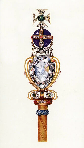 The Kings Royal Sceptre from the Crown Jewels of England, 1919 (colour litho)