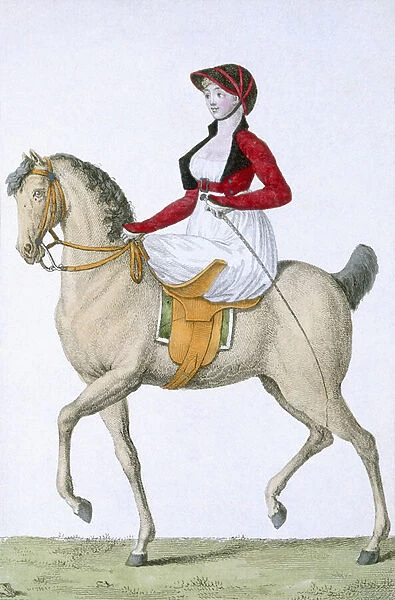 Lady riding sidesaddle, from Costumes Parisien