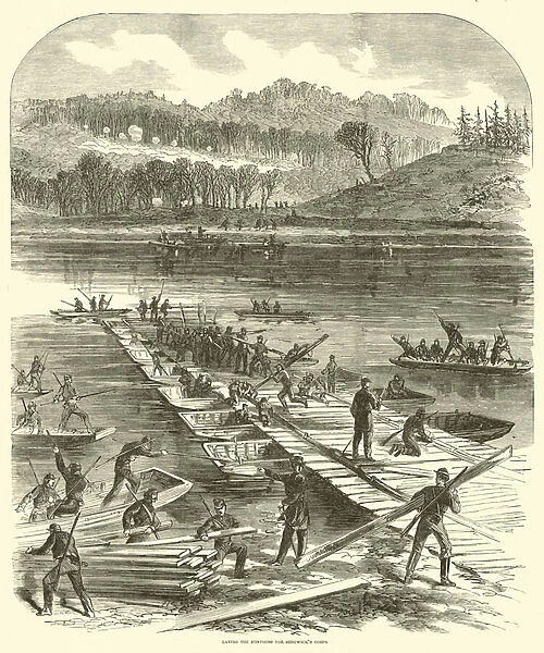 Laying the pontoons for Sedgwicks corps, April 1863 (engraving)