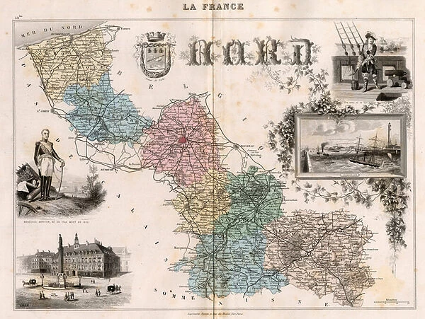 Le Nord (59), Nord Pas De Calais (Nord-Pas-de-Calais) - France and its Colonies. Atlas illustrates one hundred and five maps from the maps of the depot of war, bridges and footwear and the Navy by M. VUILLEMIN. 1876