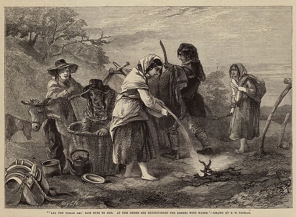 Lel the Tshar Ari said Euri to her, at this Order she extinguished the Embers with Water (engraving)