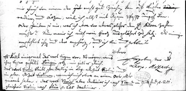 Letter from Leopold Mozart (1719-87), 7th July 1755 (pen & ink on paper) (b  /  w photo)