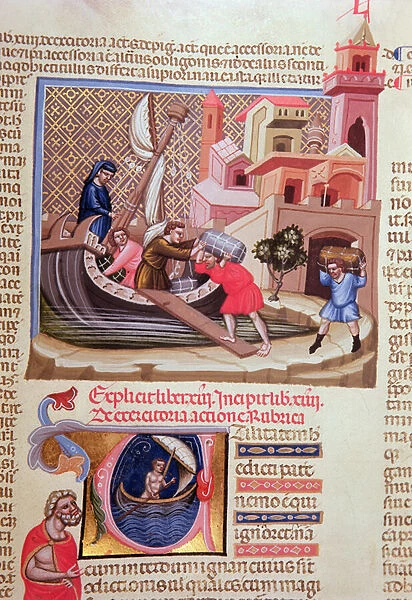 Loading Goods on to a Ship, from the manuscript Justiniano Institutiones Feodorum et Alia, c. 1300 (vellum)