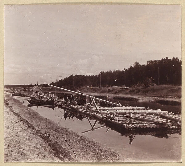Log rafts, Volga-Baltic Waterway, Russia, 1909 (b  /  w photo)