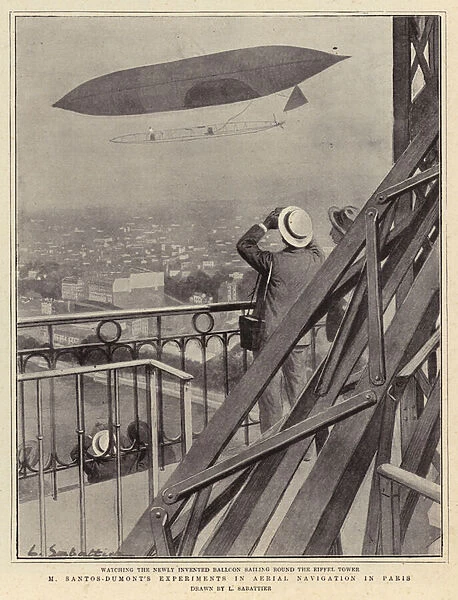 M Santos-Dumonts Experiments in Aerial Navigation in Paris (litho)