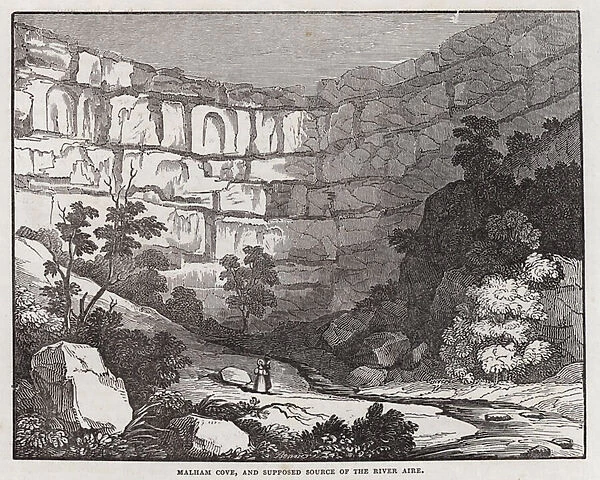 Malham Cove, Yorkshire, and supposed source of the River Aire (engraving)