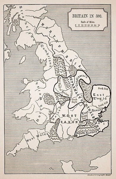 Map of Britain in 593, printed by Stanfords Geographical Establishment (litho)