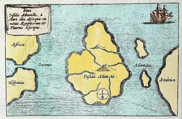 Map of the legendary island of Atlantis - from the Mundus Subterraneus of Athanase