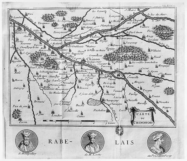 Map of the region of Chinon related to the works of Francois Rabelais, published in 1725