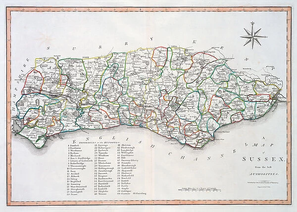 Map of Sussex, 26th March 1805 (hand coloured engraving)