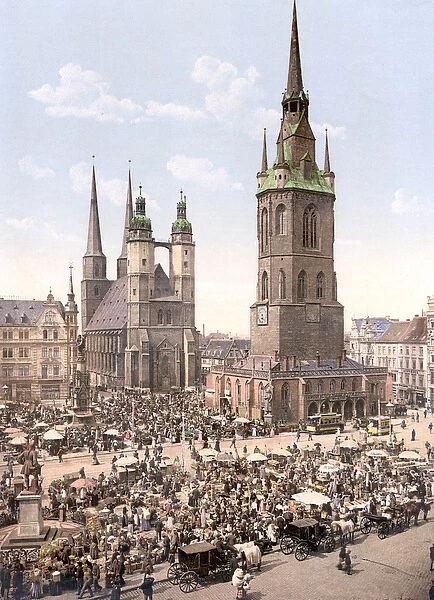 Market Day in Halle with the Red Tower in the background, Germany, pub. c