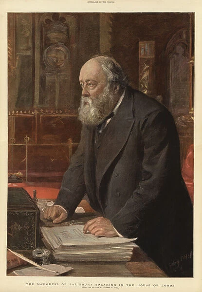 The Marquess of Salisbury speaking in the House of Lords (colour litho)