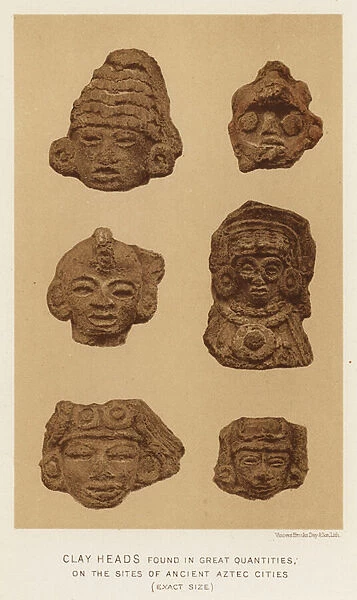 Mexico: Clay heads found in great quantities, on the sites of ancient Aztec cities (colour litho)