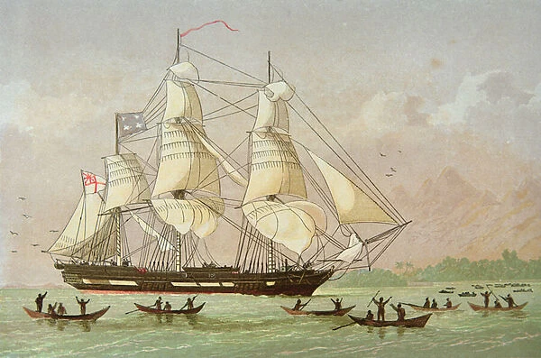 Missionary ship the Duff arriving at Otaheite in the South Sea, published by Kronheim & Co. (colour litho)