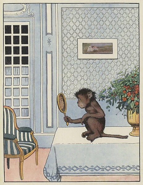 Monkey looking at its reflection in a mirror (colour litho)