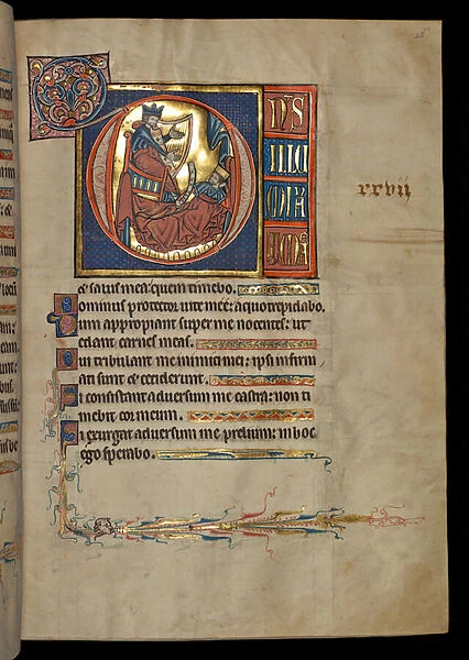 Ms 322 f. 28r, Psalm 26, initial D, David harping before Saul