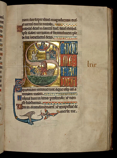 Ms 322 f. 67r, Psalm 68, initial S, Jonah praying to Christ on his exit from the whale