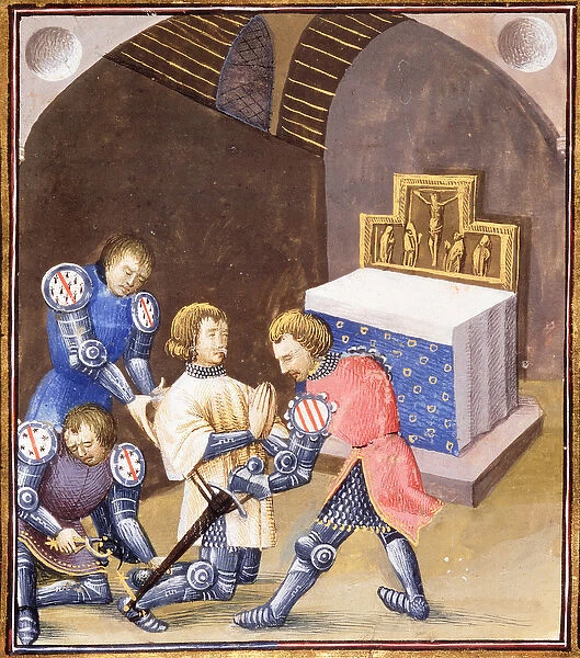 Ms. Fr 99 f. 561 Galahad receives a sword and spurs in the ritual of knighthood before he