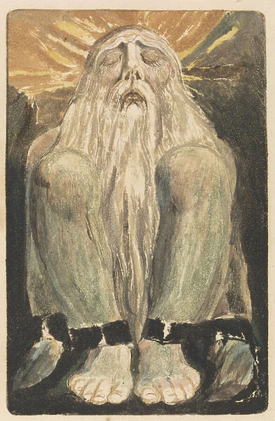 A naked man with a long white beard is seated on the ground with his knees up