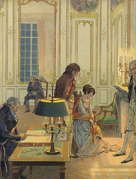 Napoleon Bonaparte saying farewell to his wife (colour litho)