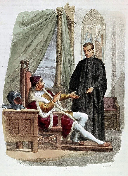 Niccolo di Bernardo dei Machiavelli (Nicolas Machiavel, 1469-1527) with Pandolfo Petrucci seigneur of Siena - in ' Complete Works by Niccolo Machiavelli', illustration by Alessandro Focosi (1836 - 1869)