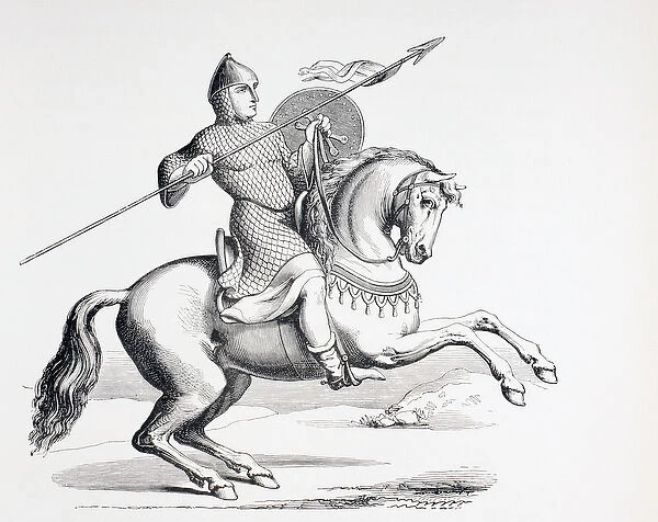 A Norman Knight dressed in Chain Mail and Helmet carrying Spear and Shield, 1873 (litho)