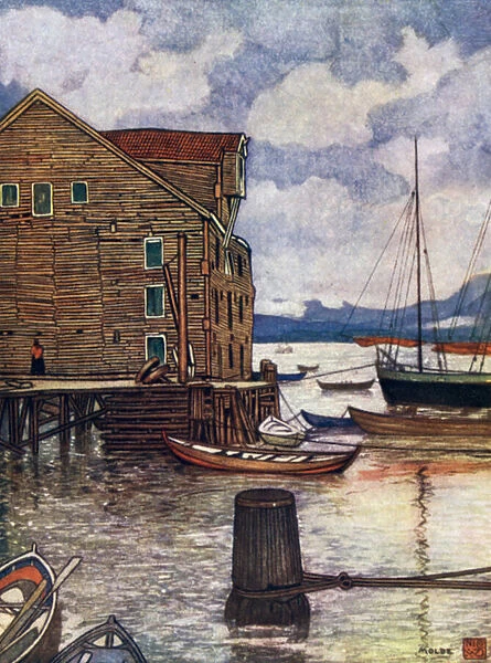 Norway: Old Warehouse and Boats, Molde (colour litho)