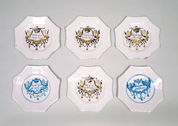 Octagonal set of Merrymen Plates, c. 1680 (tin-glazed earthenware)