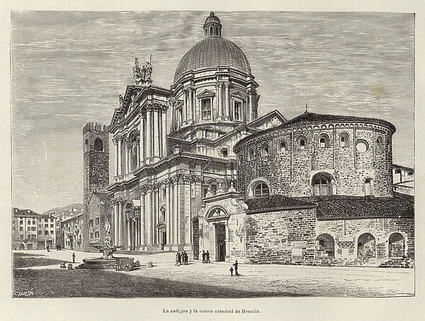 The old and the new cathedral of Brescia (engraving)