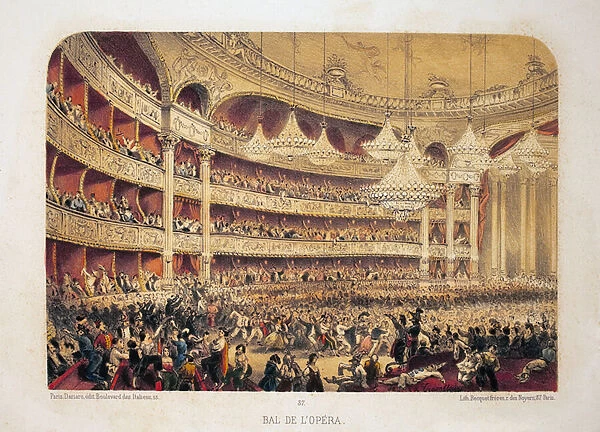 Opera ball, Paris. Lithography watercolour, illustration by E. de la Tramblaiz, in 'Album, souvenirs de Paris', Daziaro editor, Paris, 1885