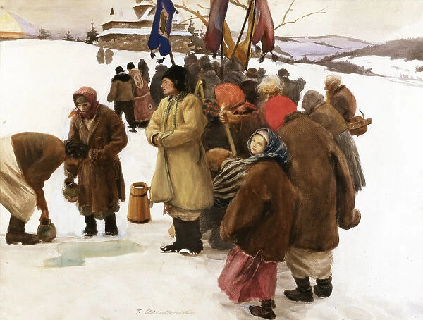 Orthodox Christmas in the Eastern Carpathians: the Blessing of the Water (gouache on paper)