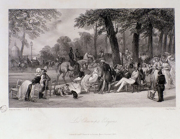 Passengers and walkers on the Champs Elysees in Paris, 1841 (Engraving)